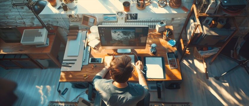 Photo of a young talented photographer using a Digital Drawing Tablet, processing images in editing software. Sunlight fills his workspace. - Powered by Adobe
