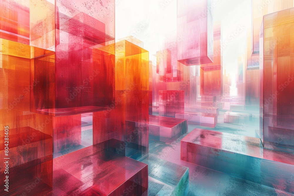 Poster bright and vibrant abstract representation of glass buildings creating a concept art piece with a fo