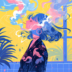 Ethereal Glamour - A Sophisticated Smoker in Traditional Japanese Art Prints a Bubbling Vapor of Peace and Tranquility