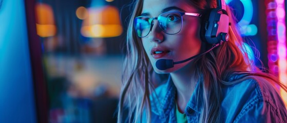 Beautiful Professional Gamer Girl Playing First-Person Shooter Online Video Game on Her Personal Computer. Cute, casual Geek wearing glasses and speaking into headset. Vertical shot.