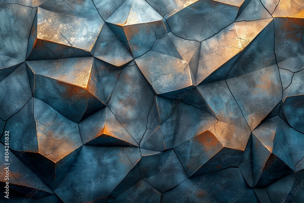 Poster the image displays a dark blue geometric patterned wall with a textured and illuminated surface