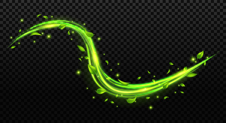 Abstract green spring wind swirls with flying leaves and sparkles with glow neon effect isolated on transparent background.