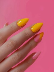 yellow gel polish on hand.