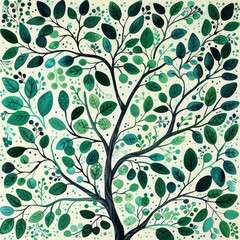A painting of a tree with vibrant green leaves set against a plain white backdrop. The tree is the central focus of the artwork