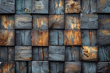 A striking pattern of interlocking wooden blocks with varying burnt textures, implying connectivity and craftsmanship - obrazy, fototapety, plakaty