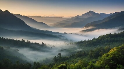 Naklejka premium Misty Mountains Dawn's Tranquil Embrace