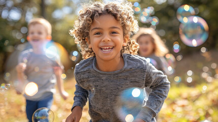 A lively group of children happily playing together, blowing and chasing soap bubbles in a vibrant park setting
