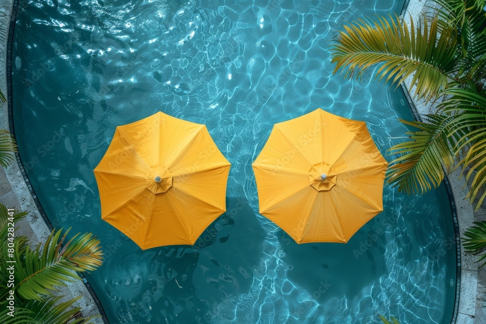 Poster yellow umbrellas floating in a pool of water