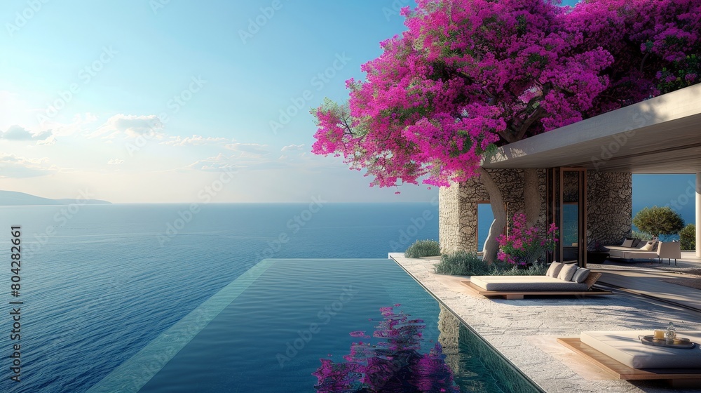 Poster a modern house featuring a pool overlooking the vast ocean, with clear blue skies and palm trees swa