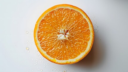 a juicy orange, sliced open, with droplets of juice visible, centered on a pristine white background.