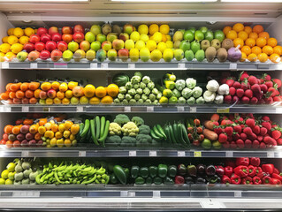 Rows of fruits and vegetables neatly displayed in a store, emphasizing variety and healthy food choices