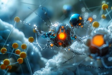 A microscopic illustration of tiny robots interacting with atoms.
