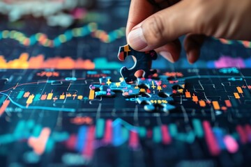 Fototapeta premium A person placing the final piece into a complex puzzle that reveals a stock market chart.