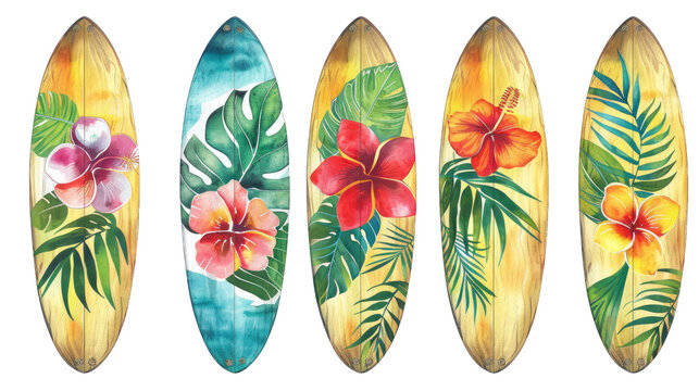 Colorful surfboard designs with tropical flowers and leaves. Perfect for summer vibes and beach life in isolated on transparent background