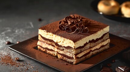 Delectable Gourmet Tiramisu with Chocolate Curls and Coffee Beans