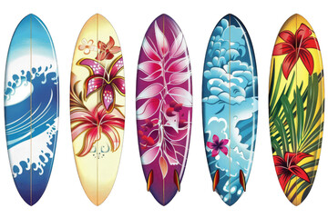 Surfboards with floral and wave designs. Perfect for catching some waves and enjoying the summer sun in isolated on transparent background