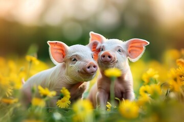 Cute little piglets in a green meadow in the sunlight.