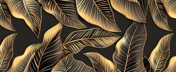 A seamless pattern of metallic gold leaves on a dark black background resembling a natural landscape. This art piece captures the beauty of plants and blends them into an elegant design