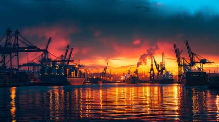 A vibrant harbor scene at dusk, with the sky ablaze in fiery shades of orange and red as the last rays of sunlight silhouette the dockside structures and ships - obrazy, fototapety, plakaty