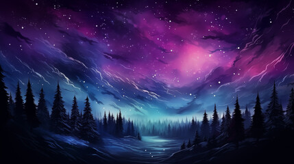 Surreal Night Sky over Snowy Wilderness