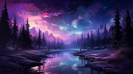 Luminous Night Sky Over Calm Lake in Purple Tones - obrazy, fototapety, plakaty