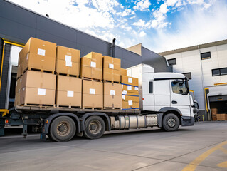 Naklejka premium A white truck with a flatbed trailer loaded with large cardboard boxes is parked at the loading dock of a contemporary distribution center