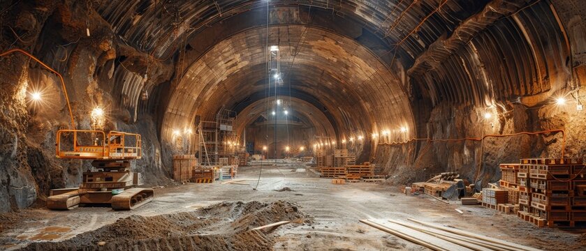Illuminated Underground Tunnel During Construction