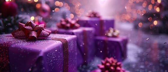 Purple Christmas ambiance enhanced by the presence of beautifully wrapped New Year gifts 8K , high-resolution, ultra HD,up32K HD