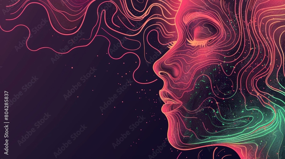 Poster close-up of a womans face with abstract wavy lines painted on her skin, set against a dark backgroun