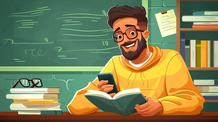 A man with a beard is seated at a desk, reading a book and using a cell phone - obrazy, fototapety, plakaty