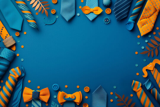 A blue background framed with colorful ties, bows and mustaches, creating a playful and vibrant border.