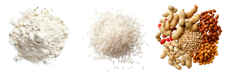 背景透過、穀物素材、小麦、米、大豆等の豆類
