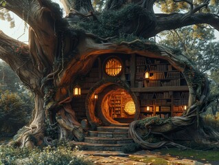 Magical Tree Library Glowing at Dusk