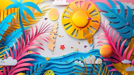 Fototapeta na wymiar Summer Vacation Unusual Trendy Bright Colors Pop Art Cut Paper Collage