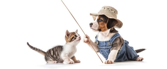 Funny puppy farmer with summer hat and kitten in jeans dungarees holding pointing stick. isolated...
