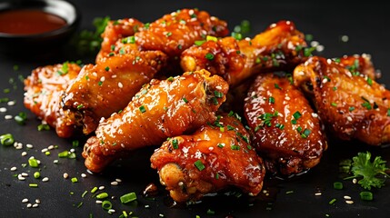 Golden brown fried chicken wings glistening with honey garlic sauce, sprinkled with sesame seeds