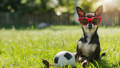 A chihuahua plays football on a grassy meadow, wearing red sunglasses and holding a ball