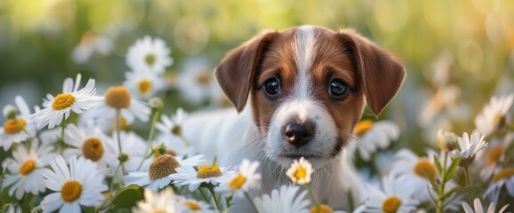 Funny Puppy in flowers of white daisies. In summer in the garden