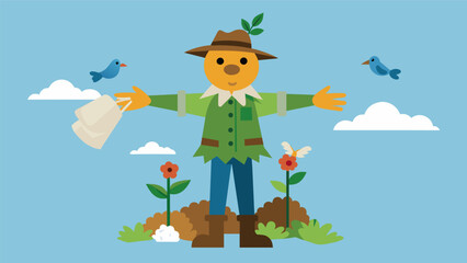 A scarecrow made from old clothes and stuffed with recycled plastic bags keeping pesky birds away from plants.. Vector illustration