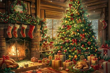 Fototapeta premium Christmas celebration scene with decorated tree, gifts, and holiday feast on a wooden background
