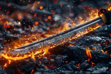 Intense image of a traditional sword being forged with glowing sparks and embers in a fiery atmosphere