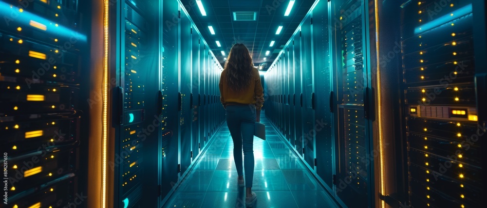 Poster the image shows a female it specialist walking along the row of operational server racks while using