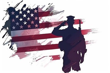 A powerful silhouette of a soldier saluting in front of the USA flag, evoking patriotism and honor. - obrazy, fototapety, plakaty