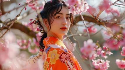 Serene portrait of a Japanese woman in a vibrant kimono amidst sakura trees
