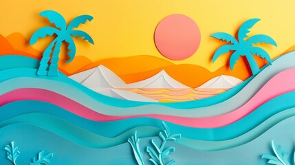 Fototapeta na wymiar Summer Vacation Unusual Trendy Halftones Colors Pop Art Cut Paper Collage