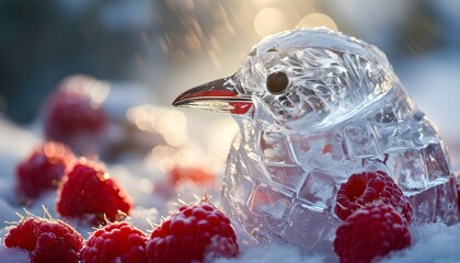 Bird made from ice art eating raspberries