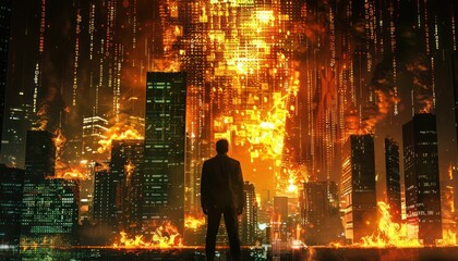 Digital Inferno: Matrix Servers Engulfed in Flames of Binary Code. Generative AI - obrazy, fototapety, plakaty