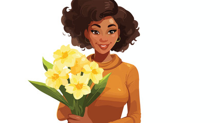 Funny young African-American woman with narcissi on - obrazy, fototapety, plakaty