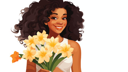 Funny young African-American woman with narcissi on - obrazy, fototapety, plakaty
