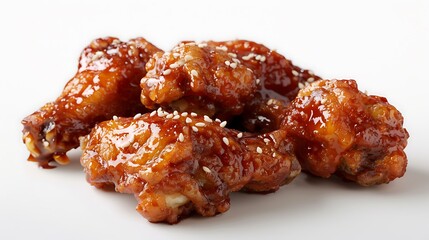 Golden brown fried chicken wings glistening with honey garlic sauce, sprinkled with sesame seeds